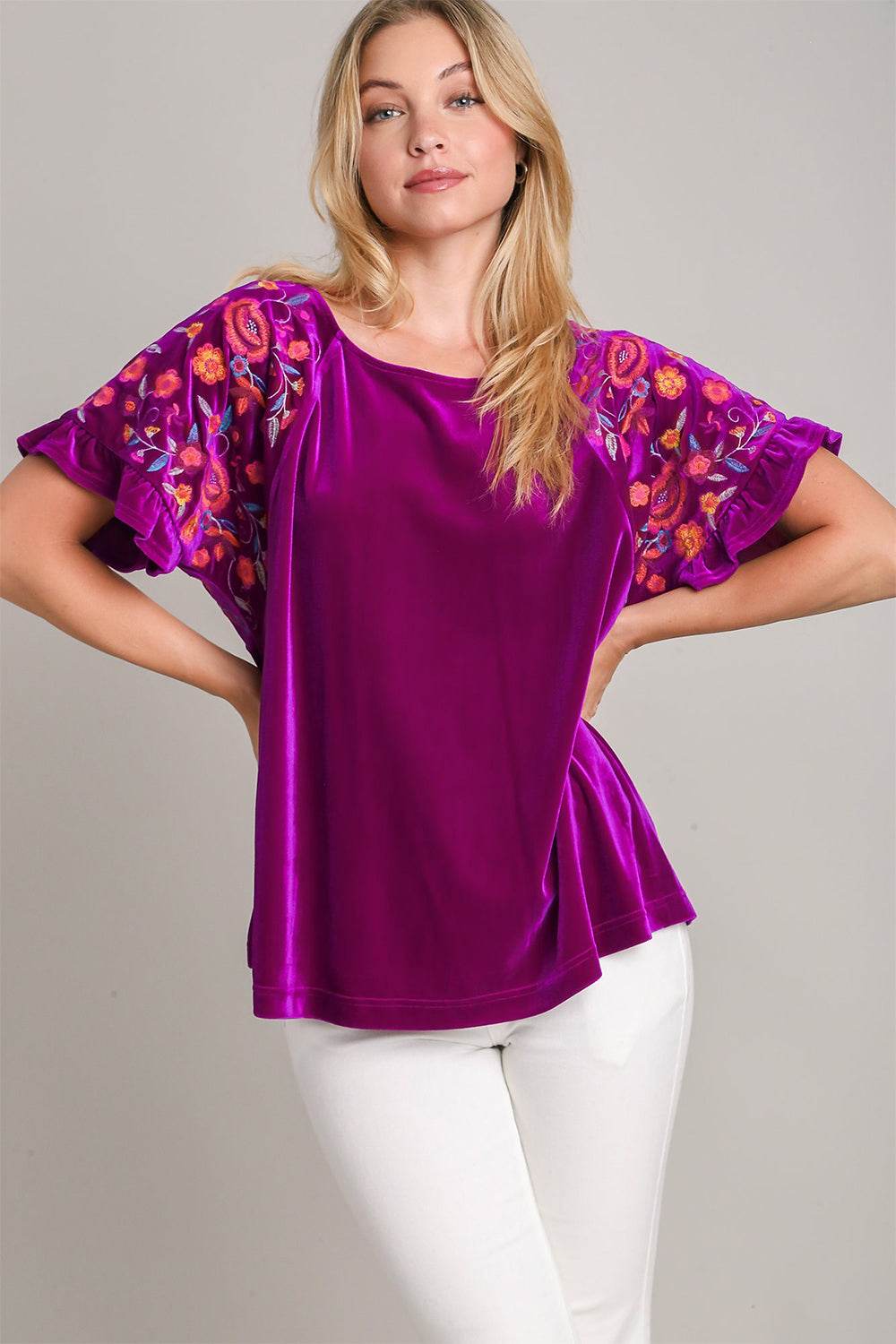 Umgee Full Size Velvet Embroidery Short Sleeve Blouse Violet for a perfect OOTD – dress to impress outfits from Amexza