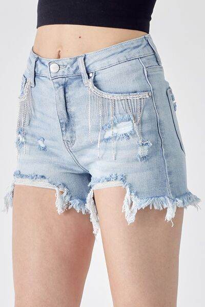 RISEN Frayed Hem Denim Shorts with Fringe Detail Pockets LIGHT for a perfect OOTD – dress to impress outfits from Amexza