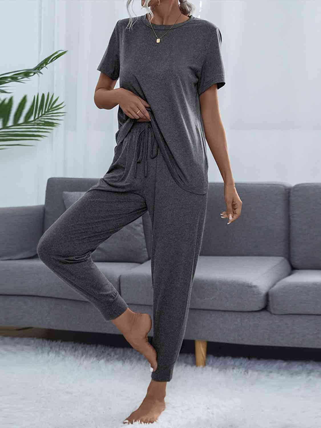 Shiny Round Neck Short Sleeve Top and Pants Set Charcoal for a perfect OOTD – dress to impress outfits from Amexza