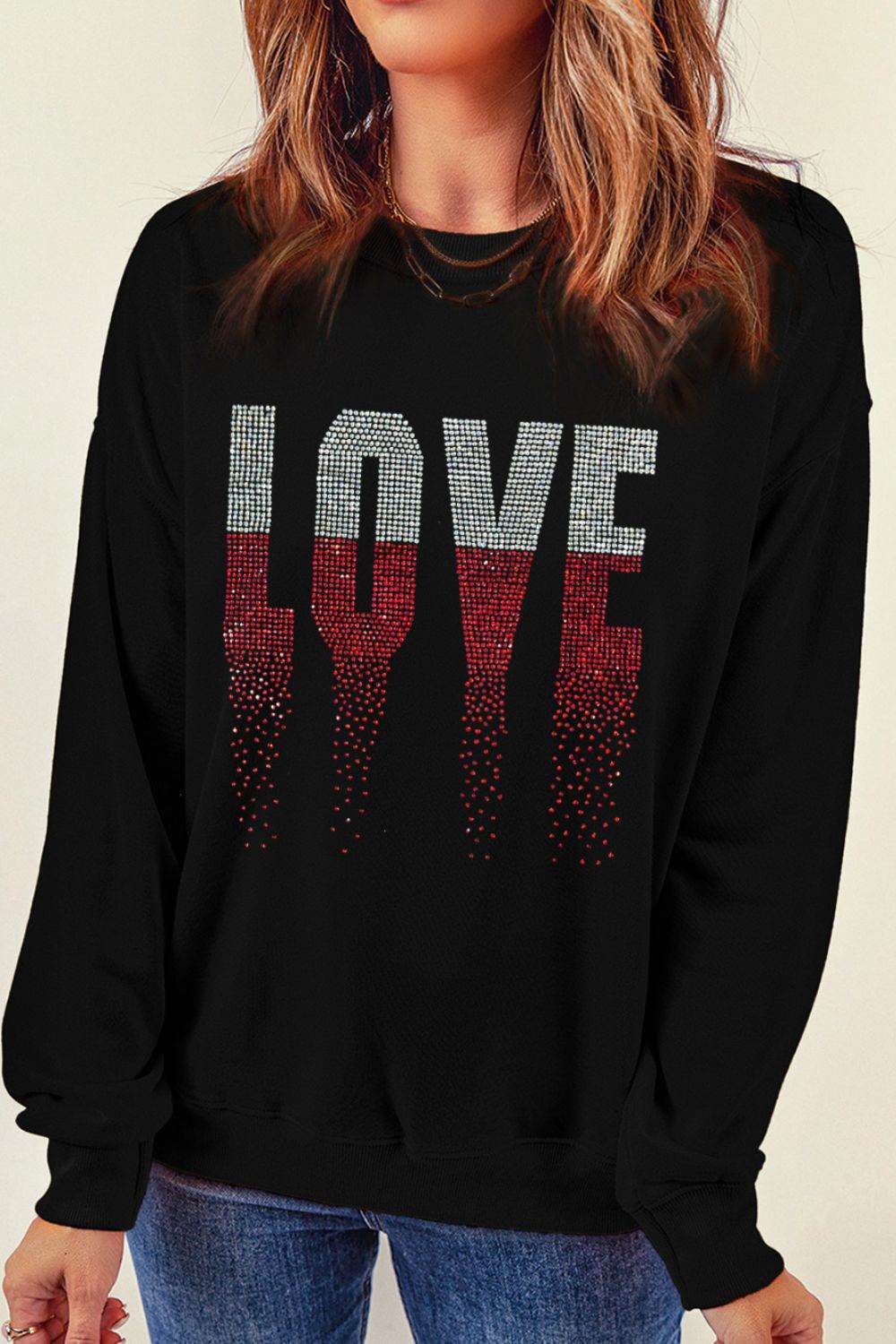 Rhinestone LOVE Round Neck Long Sleeve Sweatshirt - Amexza