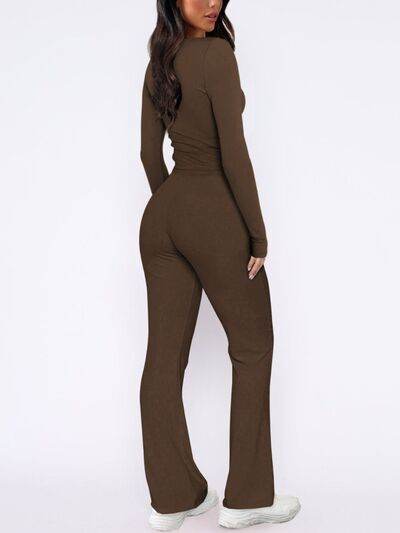 V-Neck Long Sleeve Top and Pants Set - Amexza