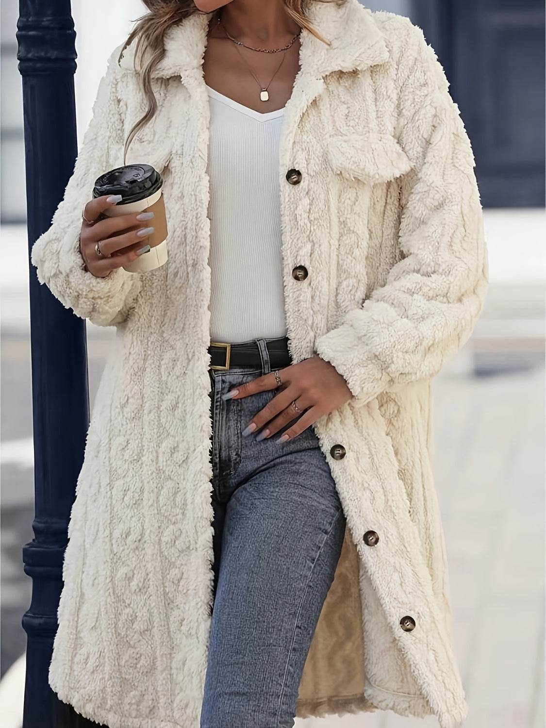 Fuzzy Button Up Long Sleeve Longline Coat for a perfect OOTD – dress to impress outfits from Amexza