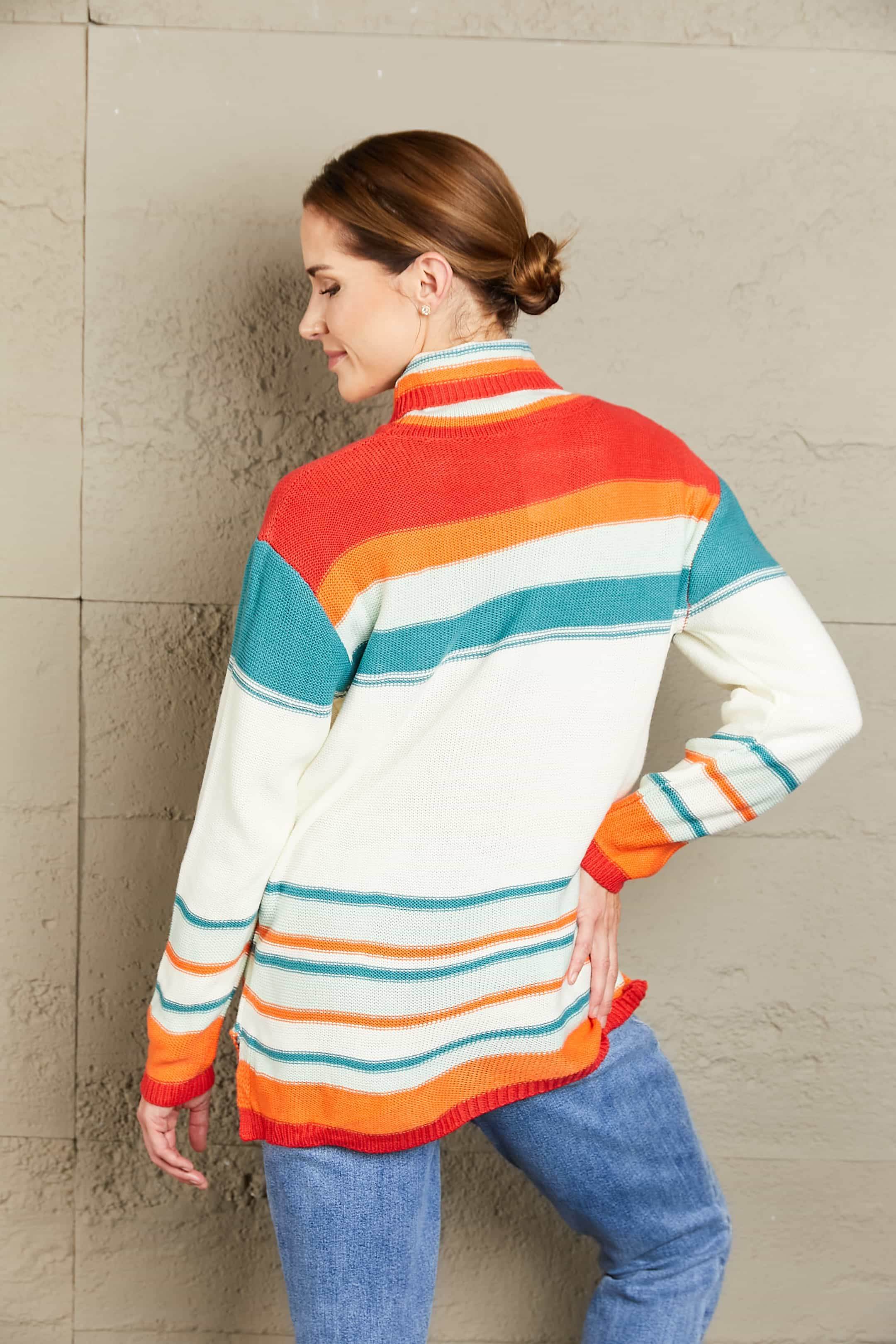 Woven Right Striped Turtleneck Drop Shoulder Sweater - Amexza