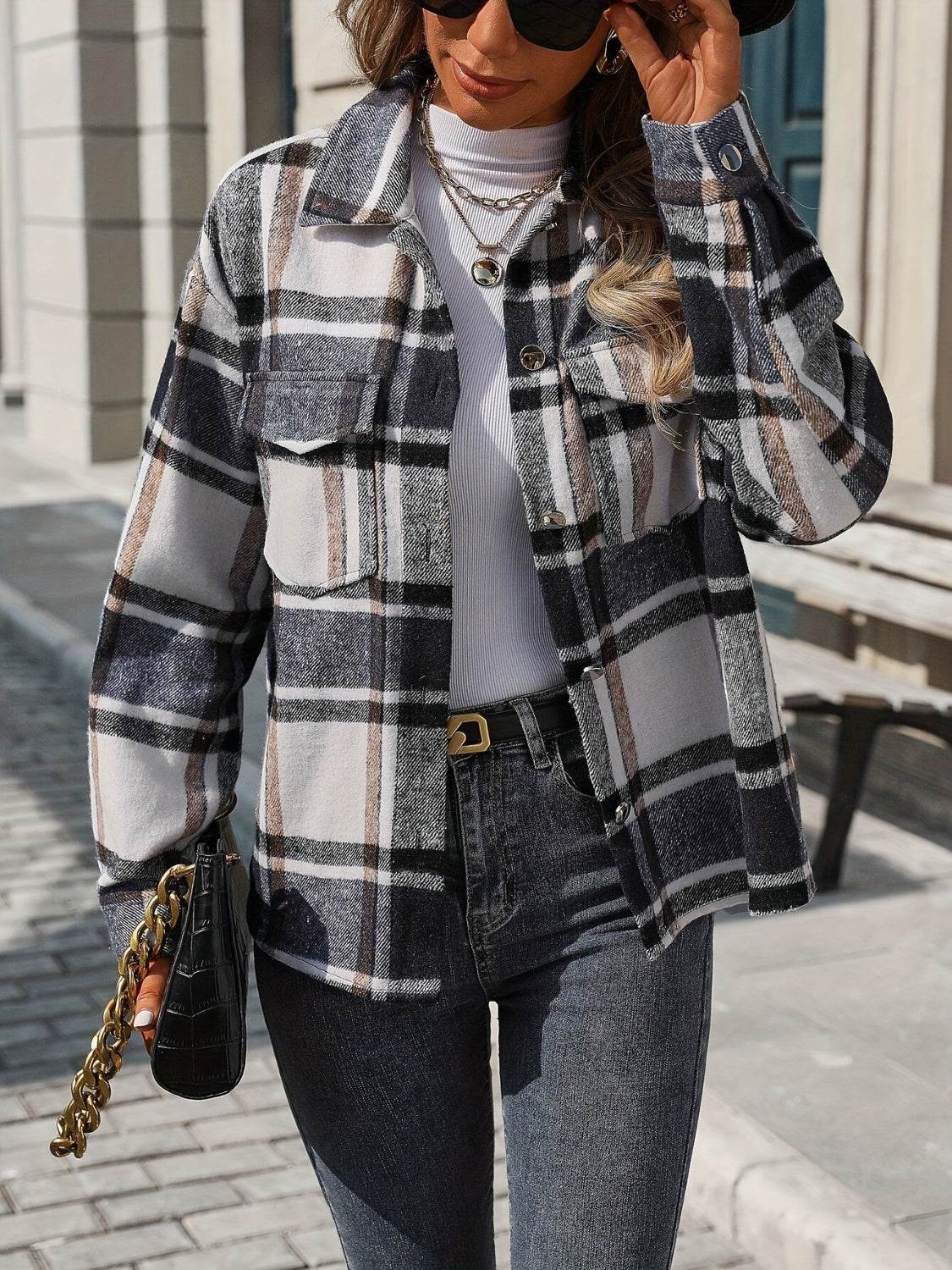 Plaid Button Up Drop Shoulder Jacket for a perfect OOTD – dress to impress outfits from Amexza