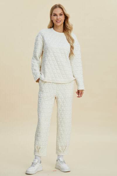 Double Take Full Size Texture Round Neck Long Sleeve Top and Pants Set - Amexza