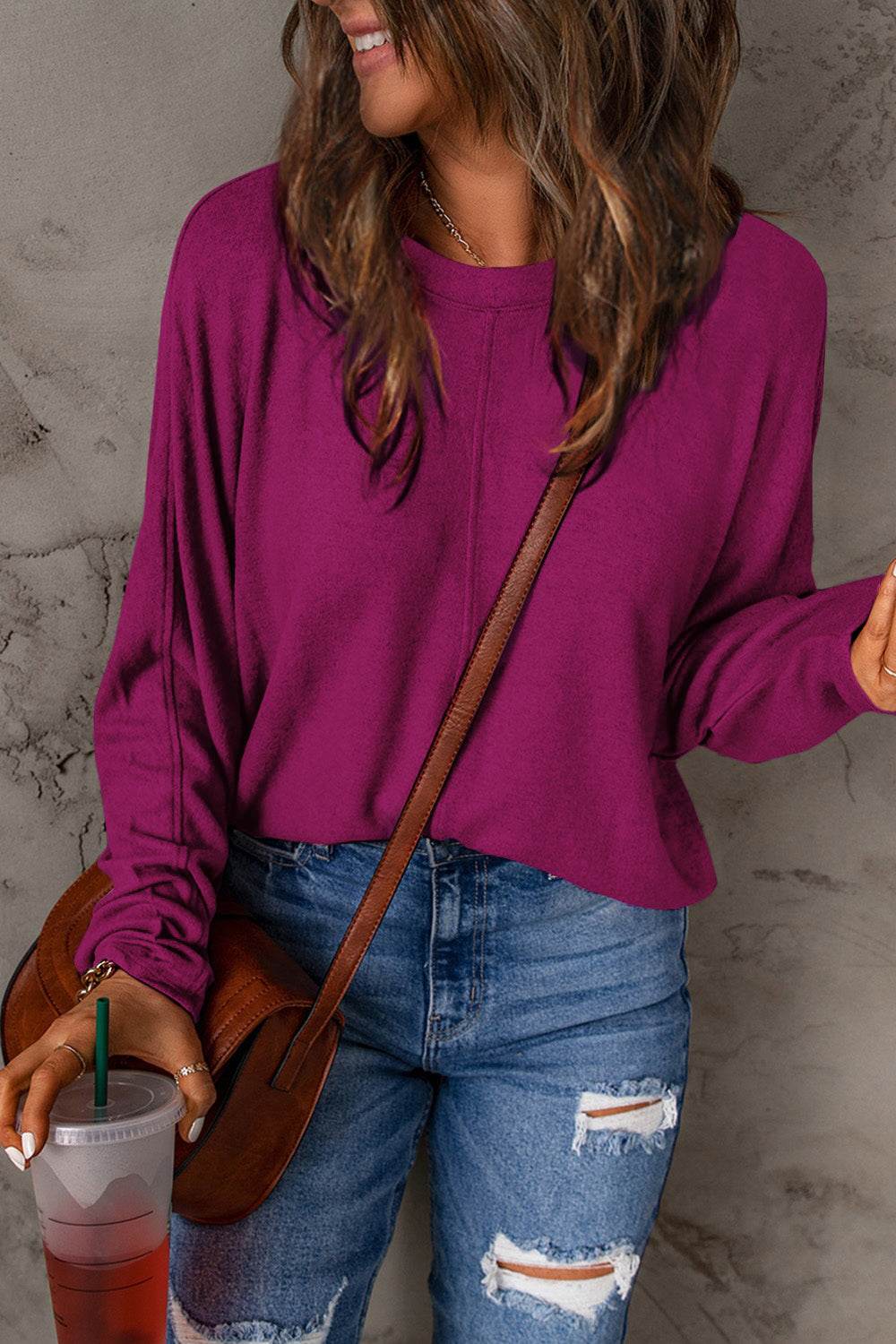 Double Take Full Size Round Neck Long Sleeve T-Shirt Magenta for a perfect OOTD – dress to impress outfits from Amexza