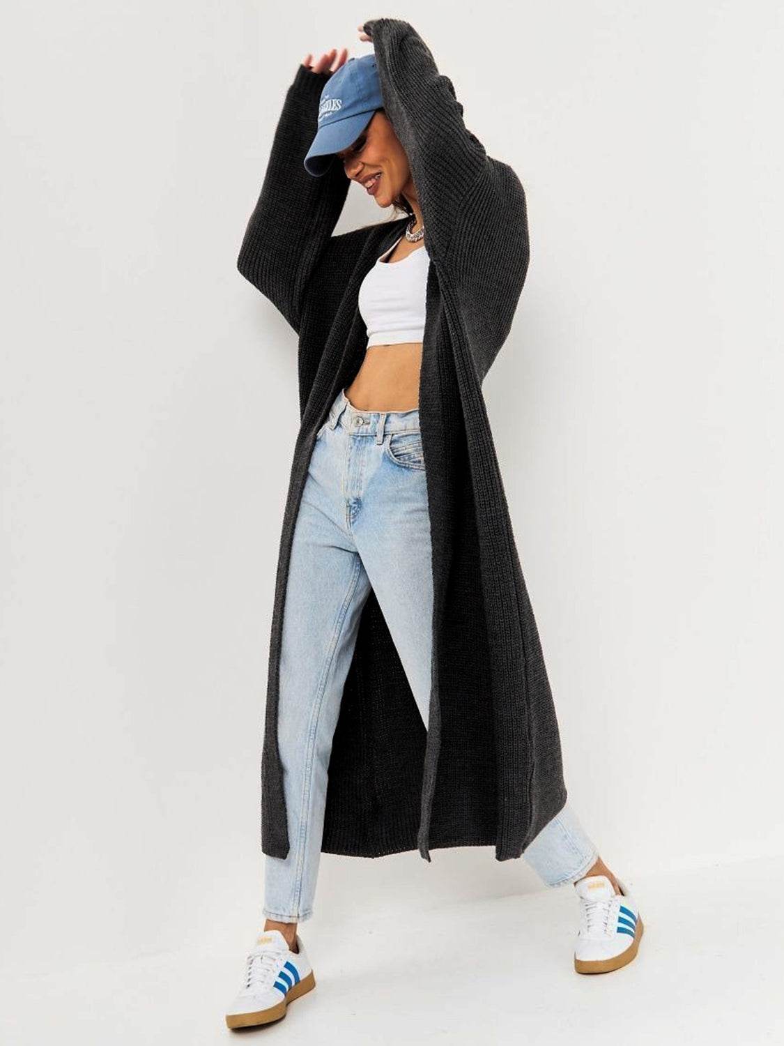 Open Front Long Sleeve Longline Cardigan - Amexza