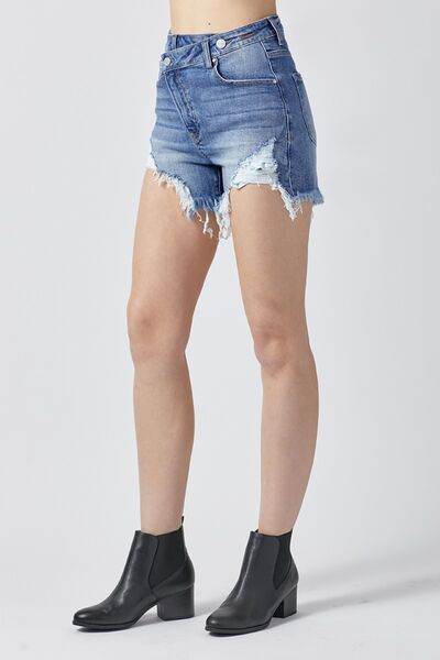 RISEN Raw Hem Asymmetrical Waist Denim Shorts for a perfect OOTD – dress to impress outfits from Amexza