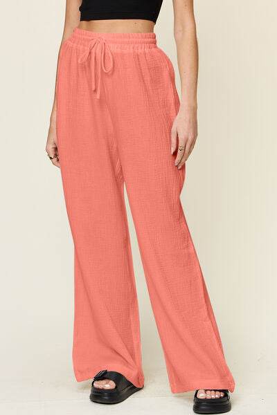 Double Take Full Size Texture Drawstring Wide Leg Pants Watermelon pink for a perfect OOTD – dress to impress outfits from Amexza