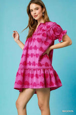 Umgee Heart Pattern Short Sleeve Ruffle Babydoll Dress