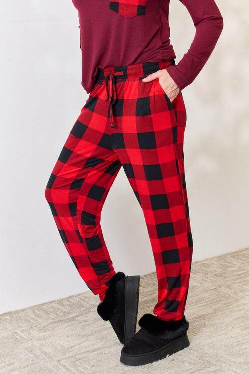 Zenana Full Size Plaid Round Neck Top and Pants Pajama Set for a perfect OOTD – dress to impress outfits from Amexza