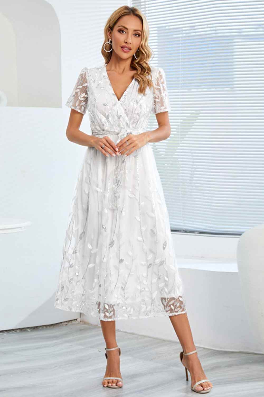 Sequin Leaf Embroidery Tie Front Short Sleeve Dress for a perfect OOTD – dress to impress outfits from Amexza