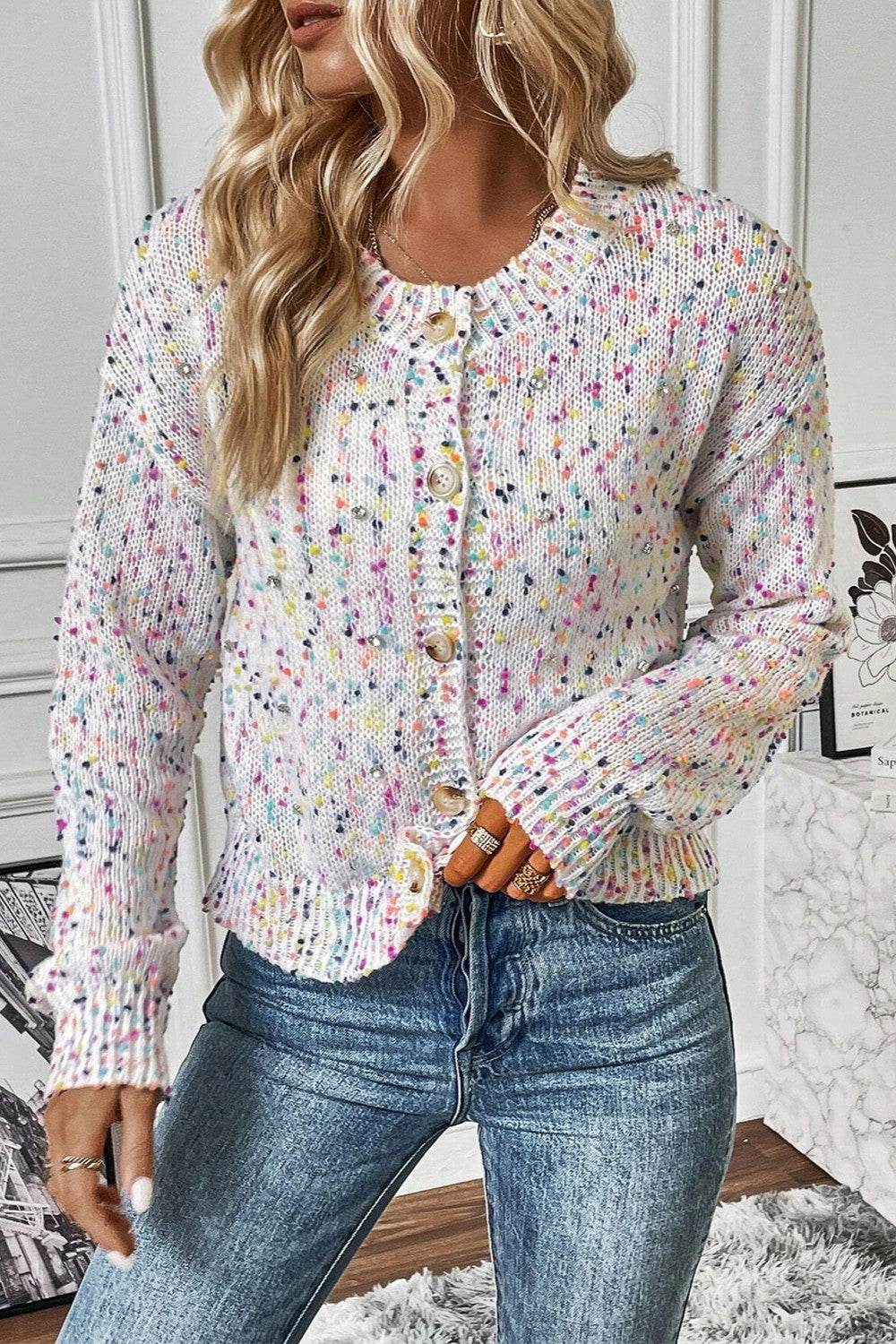 Confetti Button Up Long Sleeve Cardigan for a perfect OOTD – dress to impress outfits from Amexza