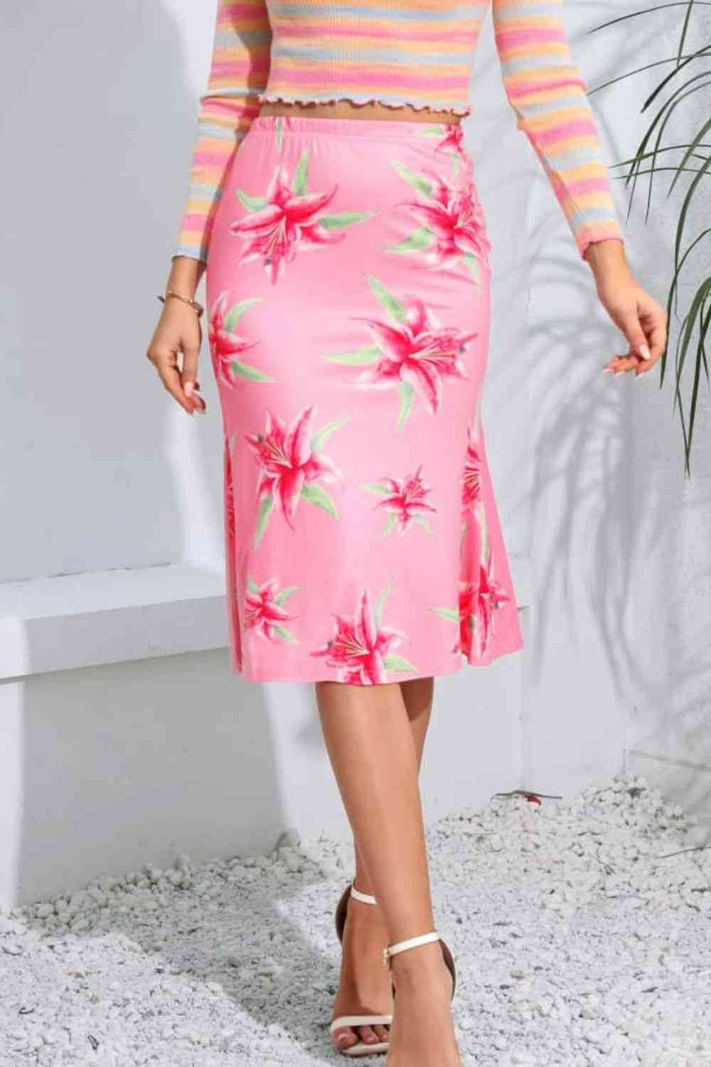 Floral Print Knee Length Skirt Pink for a perfect OOTD – dress to impress outfits from Amexza