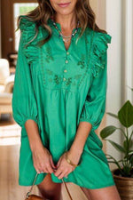 Embroidered Ruffled Notched Three-Quarter Sleeve Dress Green for a perfect OOTD – dress to impress outfits from Amexza