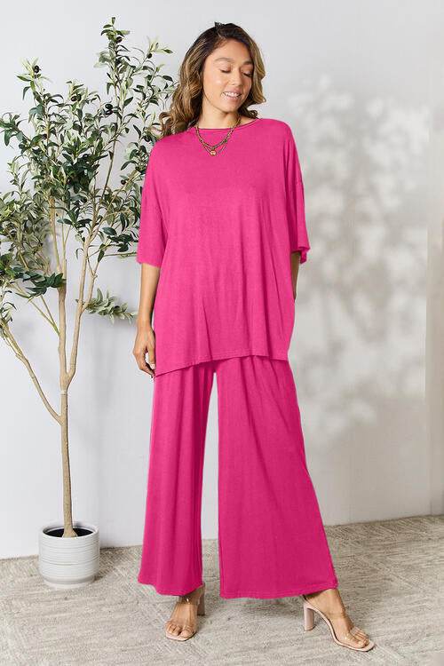 Double Take Full Size Round Neck Slit Top and Pants Set Hot Pink for a perfect OOTD – dress to impress outfits from Amexza