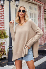 V-Neck Slit Exposed Seam Sweater Tan for a perfect OOTD – dress to impress outfits from Amexza
