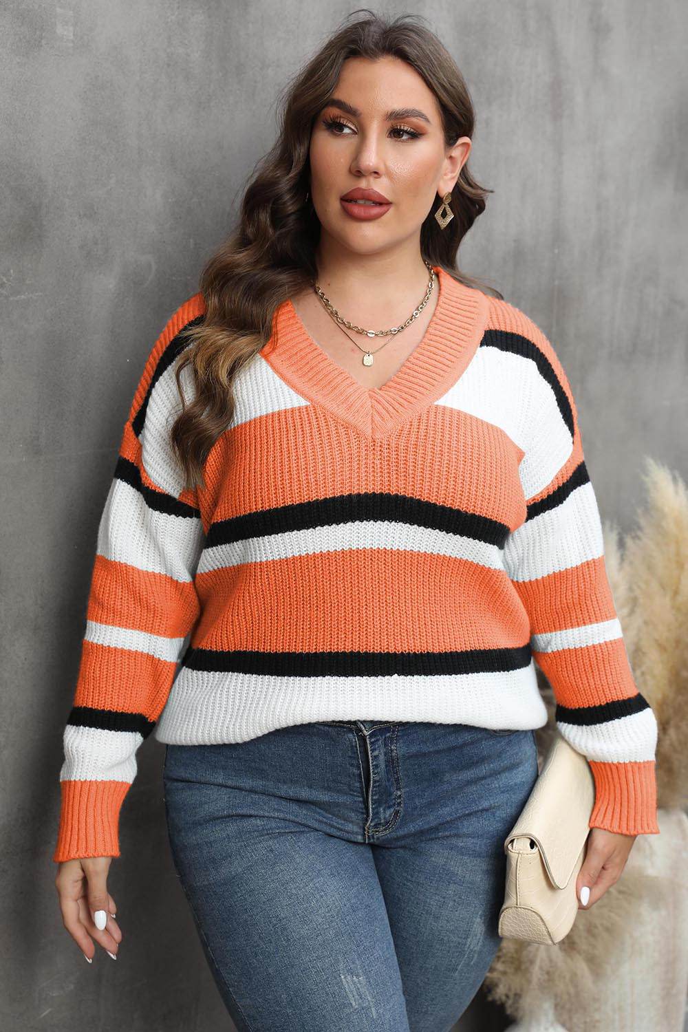 Plus Size Striped V-Neck Dropped Shoulder Sweater Pumpkin for a perfect OOTD – dress to impress outfits from Amexza