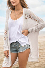 Openwork Side Slit Open Front Long Sleeve Cardigan - Amexza
