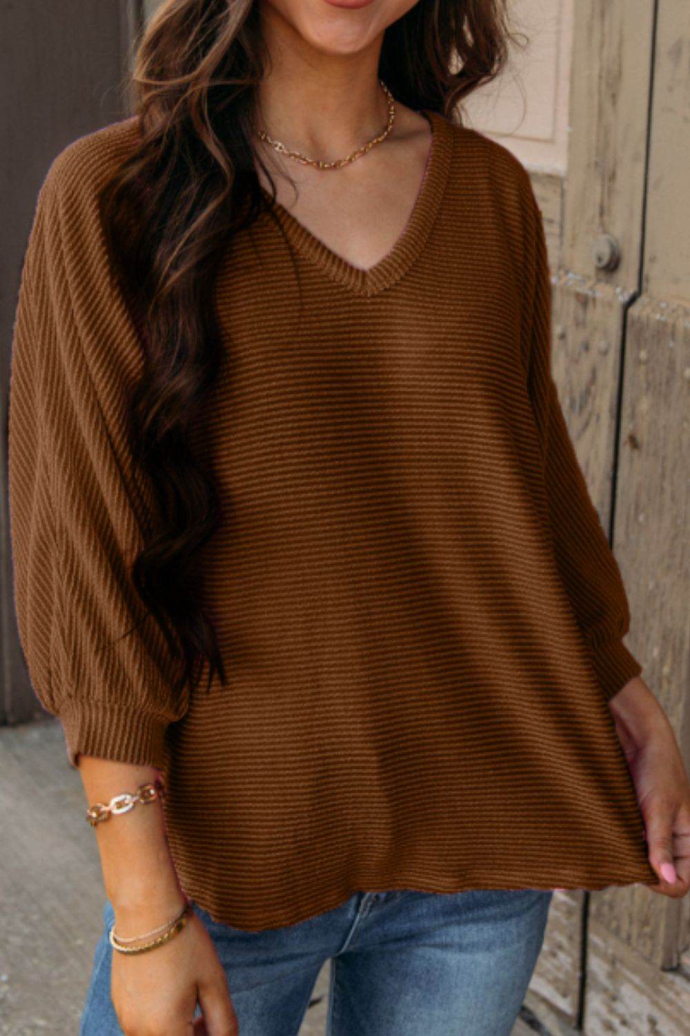 Texture V-Neck Long Sleeve Top for a perfect OOTD – dress to impress outfits from Amexza