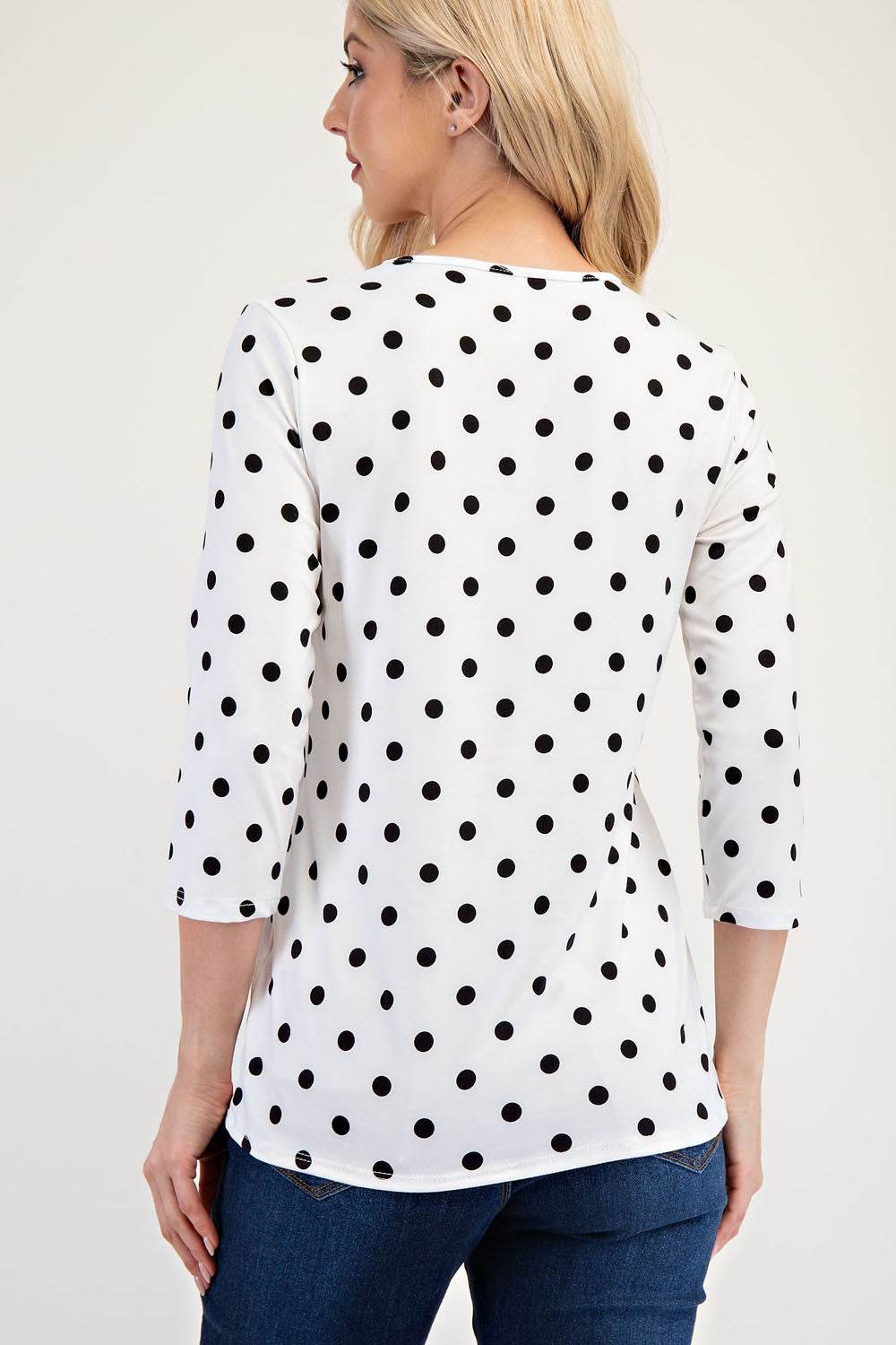 Celeste Full Size Polka Dot Round Neck Three-Quarter Sleeve T-Shirt for a perfect OOTD – dress to impress outfits from Amexza