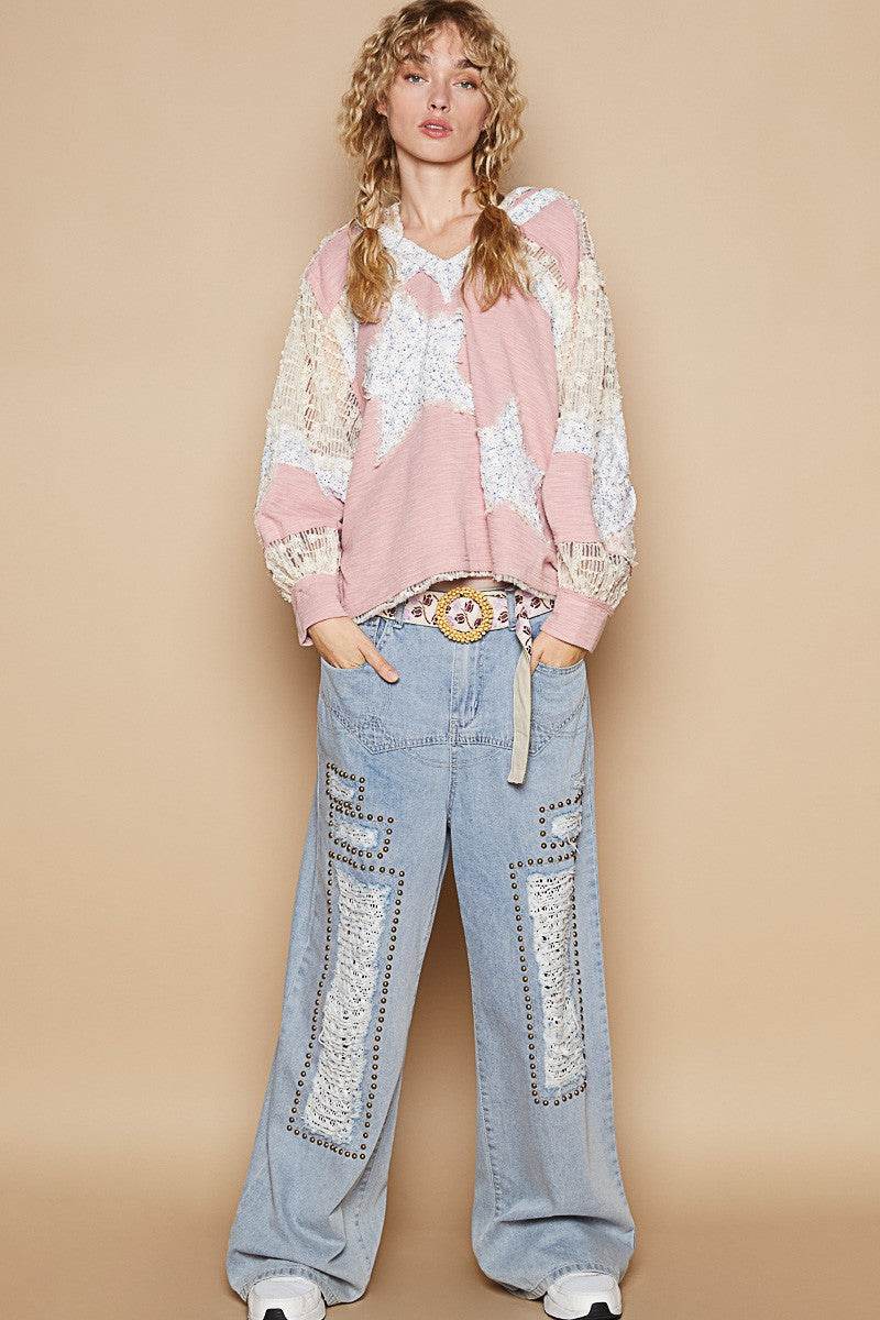 POL Star Patch Lace Long Sleeve Hooded Top for a perfect OOTD – dress to impress outfits from Amexza