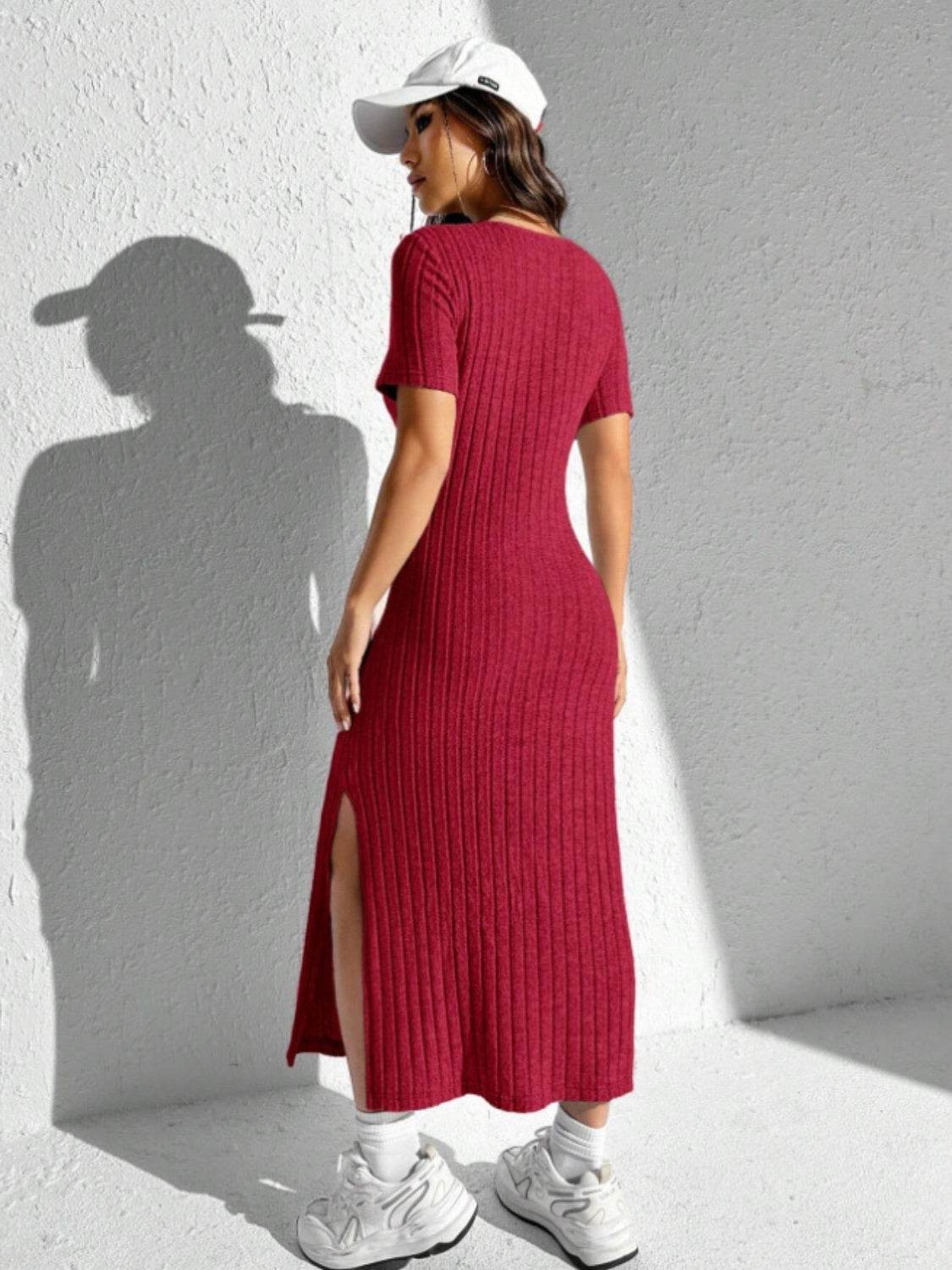 Slit Round Neck Short Sleeve Sweater Dress for a perfect OOTD – dress to impress outfits from Amexza