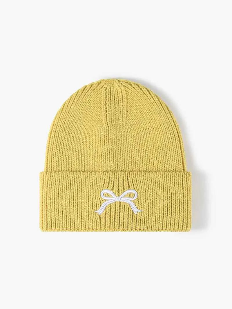 Embroidered Bow Knit Hat Yellow One Size for a perfect OOTD – dress to impress outfits from Amexza
