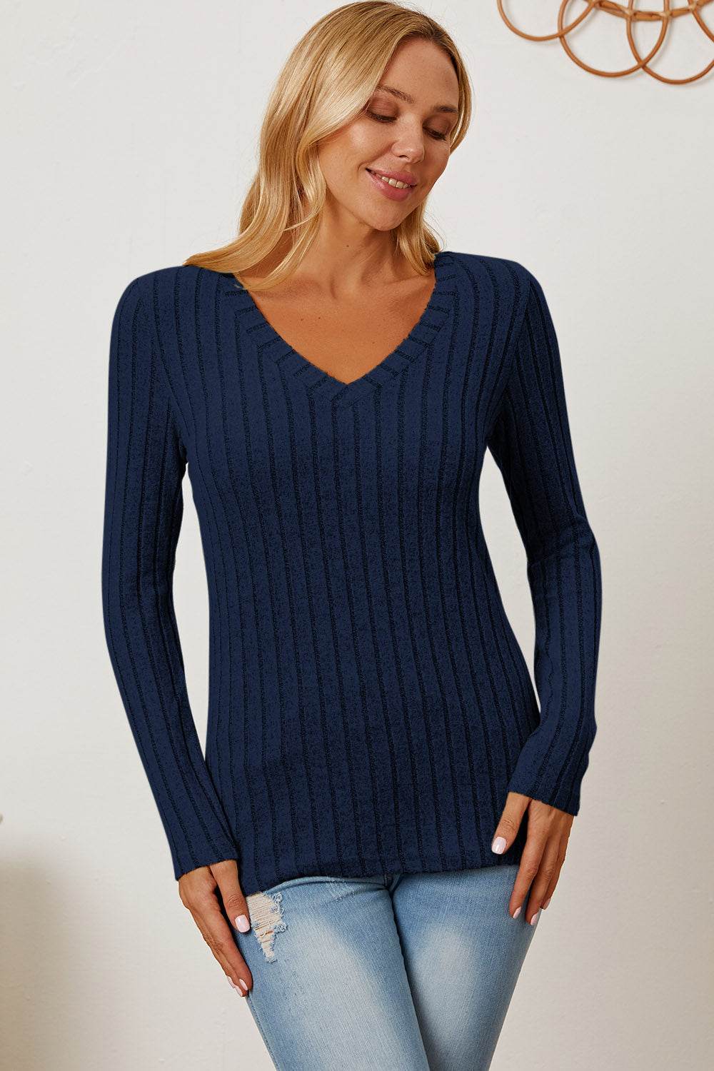 Basic Bae Full Size Ribbed V-Neck Long Sleeve T-Shirt for a perfect OOTD – dress to impress outfits from Amexza