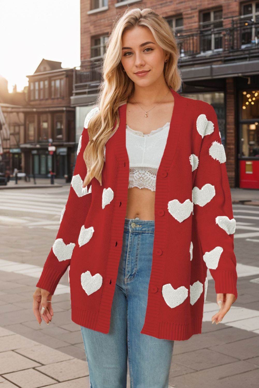 Heart Button Down Long Sleeve Cardigan Scarlet for a perfect OOTD – dress to impress outfits from Amexza