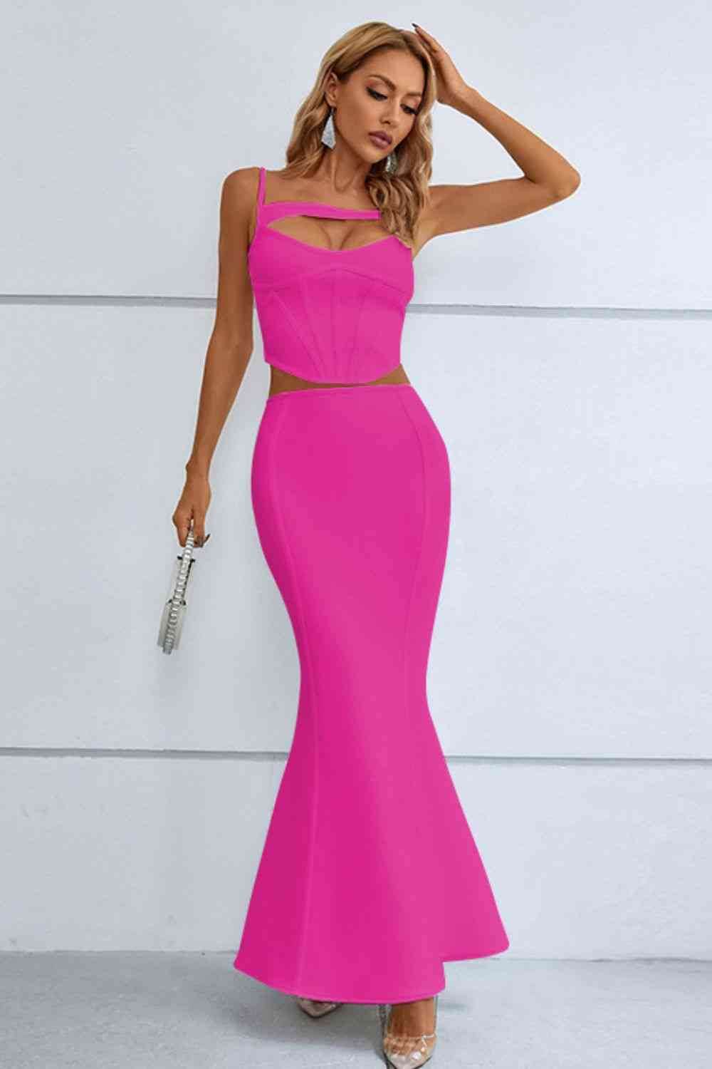 Cutout Seam Detail Cami and Fishtail Skirt Set Fuchsia for a perfect OOTD – dress to impress outfits from Amexza