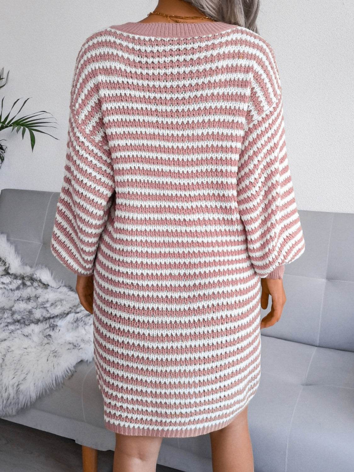 Striped V-Neck Long Sleeve Mini Sweater Dress for a perfect OOTD – dress to impress outfits from Amexza