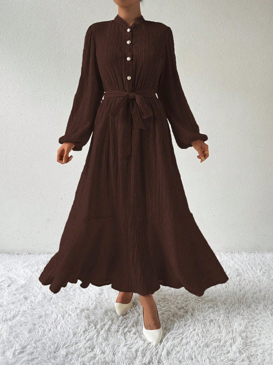 Half Button Tie Waist Long Sleeve Maxi Dress - Chocolate / S