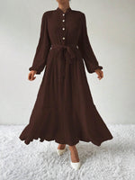 Half Button Tie Waist Long Sleeve Maxi Dress - Amexza