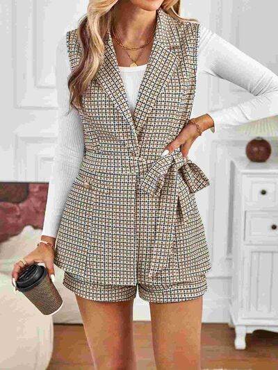 Tied Plaid Collared Neck Vest and Shorts Set for a perfect OOTD – dress to impress outfits from Amexza