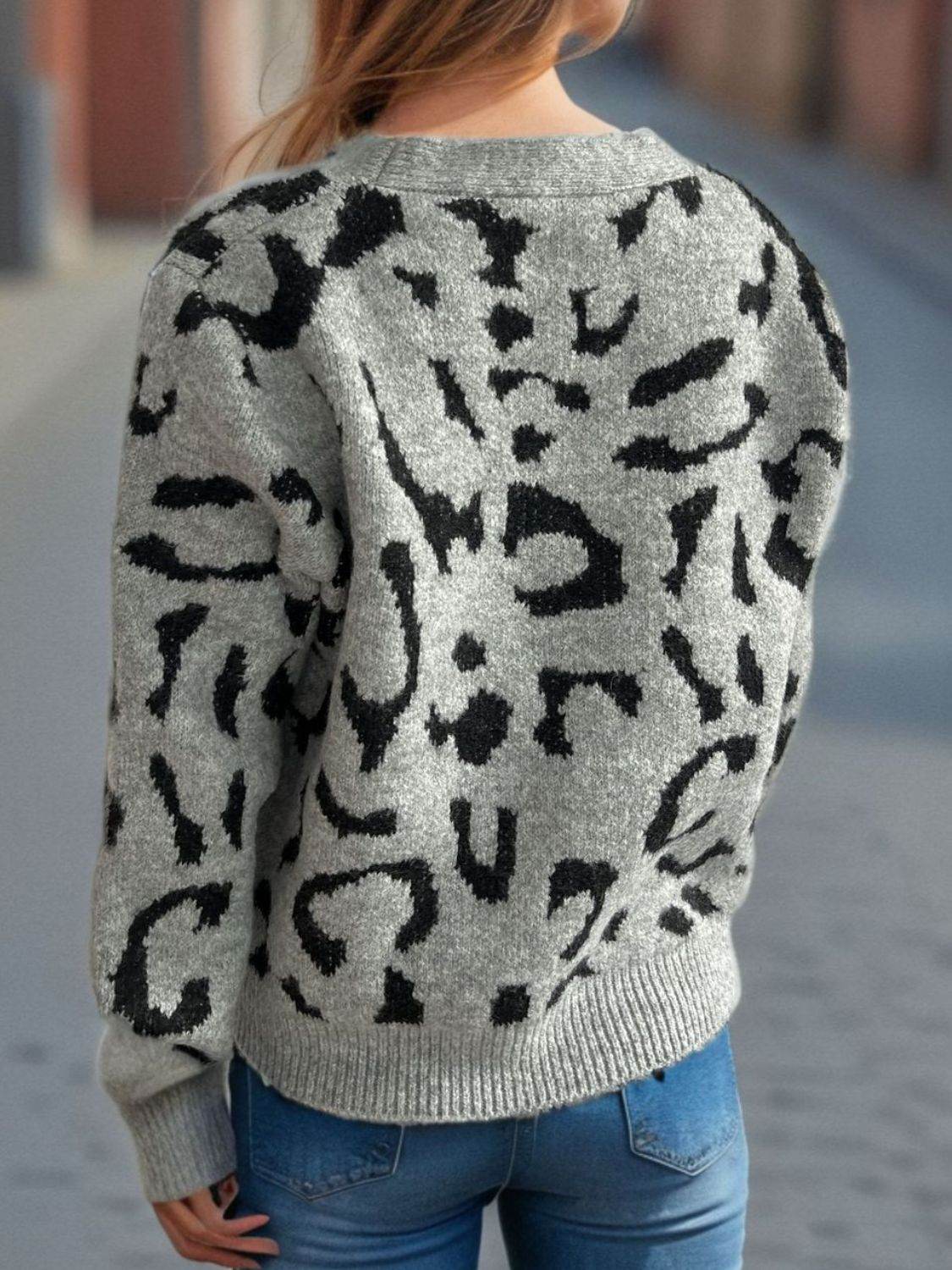 Leopard V-Neck Button Up Cardigan - Amexza