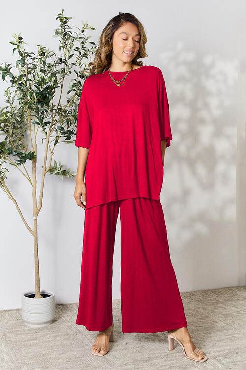 Double Take Full Size Round Neck Slit Top and Pants Set Red for a perfect OOTD – dress to impress outfits from Amexza