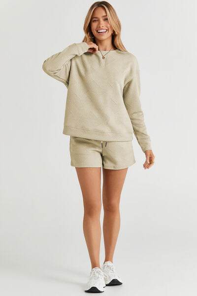 Double Take Full Size Texture Long Sleeve Top and Drawstring Shorts Set for a perfect OOTD – dress to impress outfits from Amexza