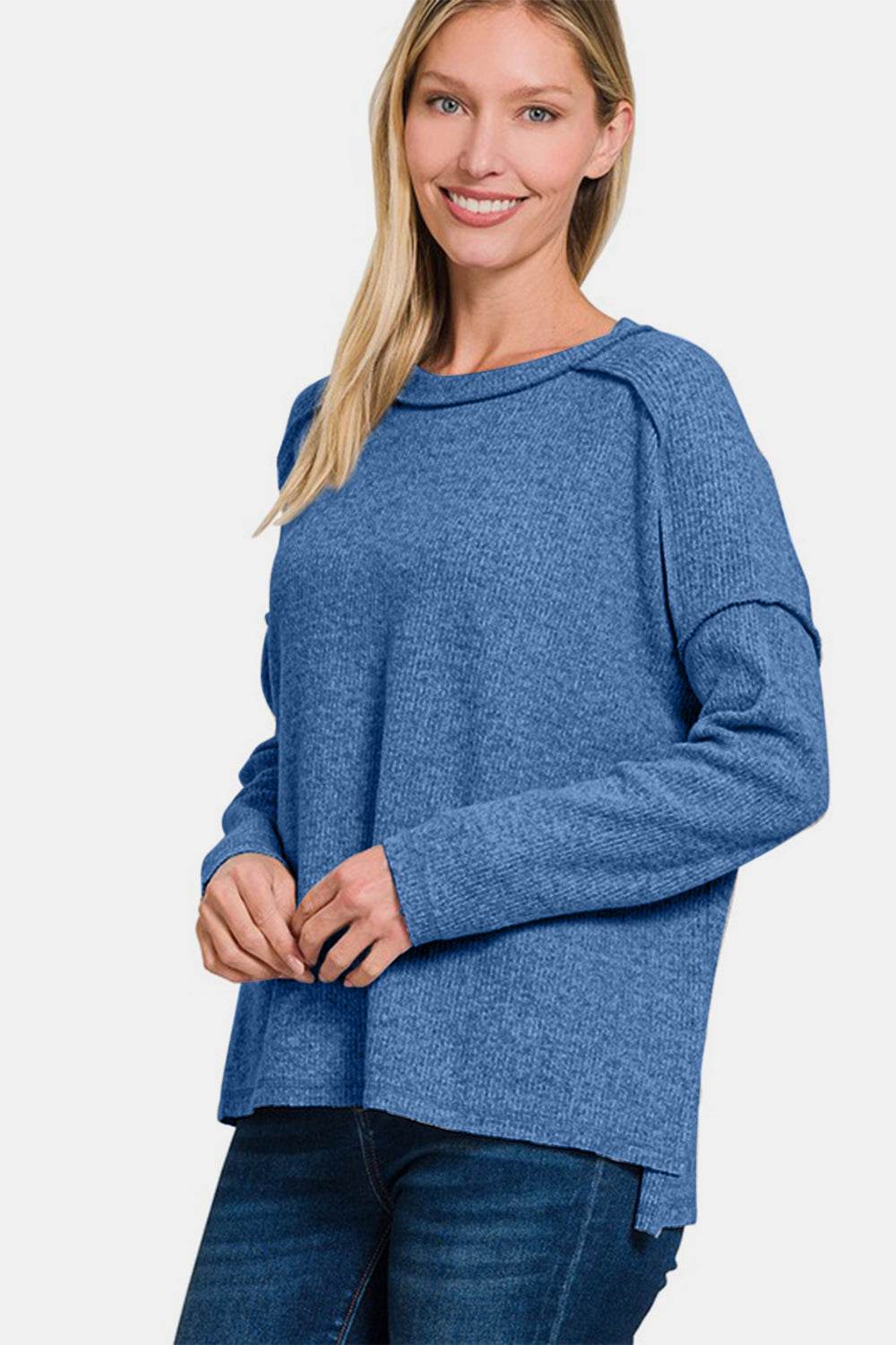 Zenana Full Size Exposed Seam Brushed Round Neck Sweater for a perfect OOTD – dress to impress outfits from Amexza