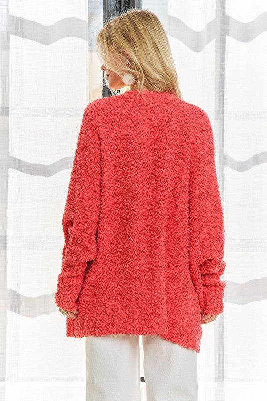 ADORA Popcorn Knit Open Front Long Sleeve Cardigan - Amexza
