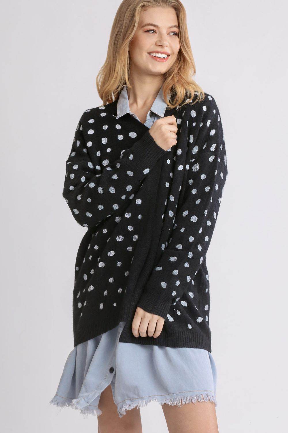 Umgee Polka Dot Open Front Drop Shoulder Cardigan Black for a perfect OOTD – dress to impress outfits from Amexza