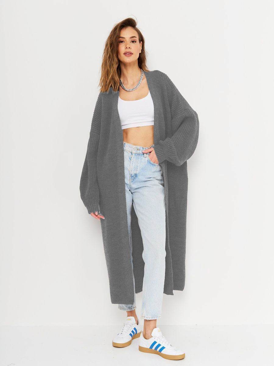 Open Front Long Sleeve Longline Cardigan - Amexza