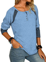Full Size Striped Quarter Button Long Sleeve T-Shirt - Amexza