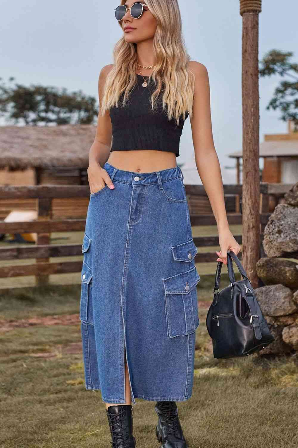 Slit Front Midi Denim Skirt with Pockets for a perfect OOTD – dress to impress outfits from Amexza