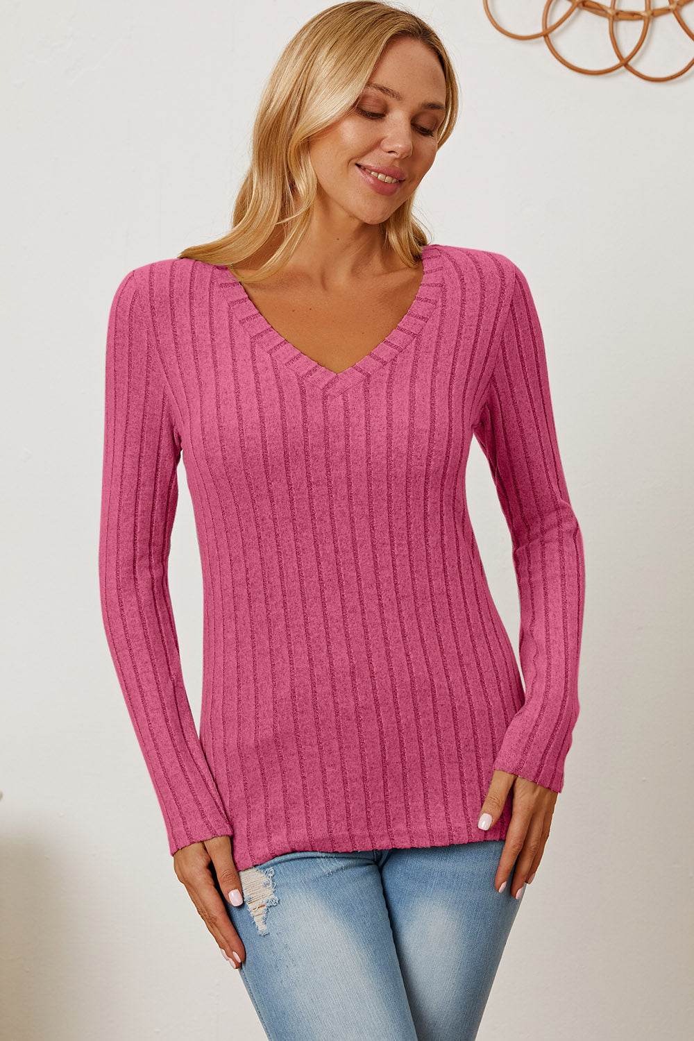 Basic Bae Full Size Ribbed V-Neck Long Sleeve T-Shirt Hot Pink for a perfect OOTD – dress to impress outfits from Amexza