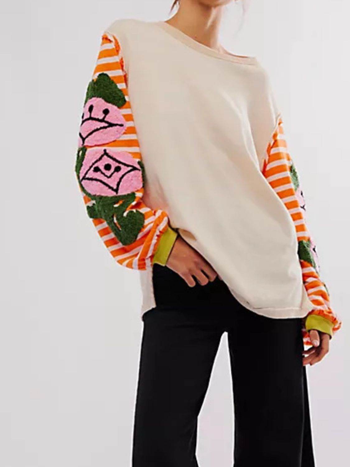 Striped Round Neck Long Sleeve Sweatshirt - Amexza