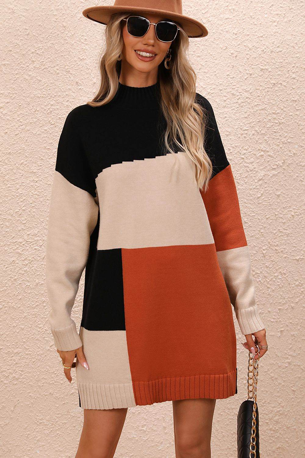 Color Block Mock Neck Dropped Shoulder Sweater Dress Black for a perfect OOTD – dress to impress outfits from Amexza