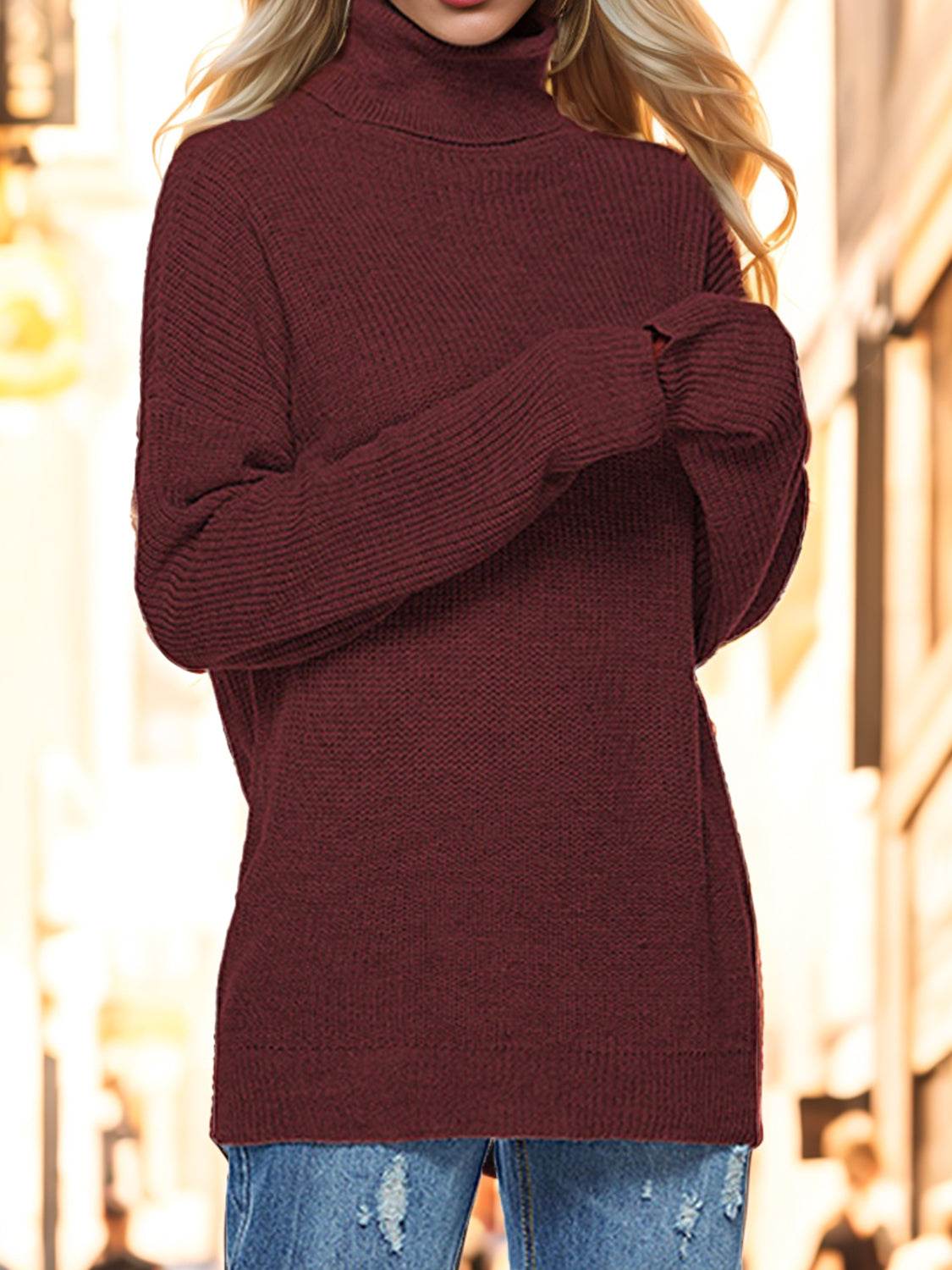 Turtleneck Drop Shoulder Long Sleeve Sweater for a perfect OOTD – dress to impress outfits from Amexza