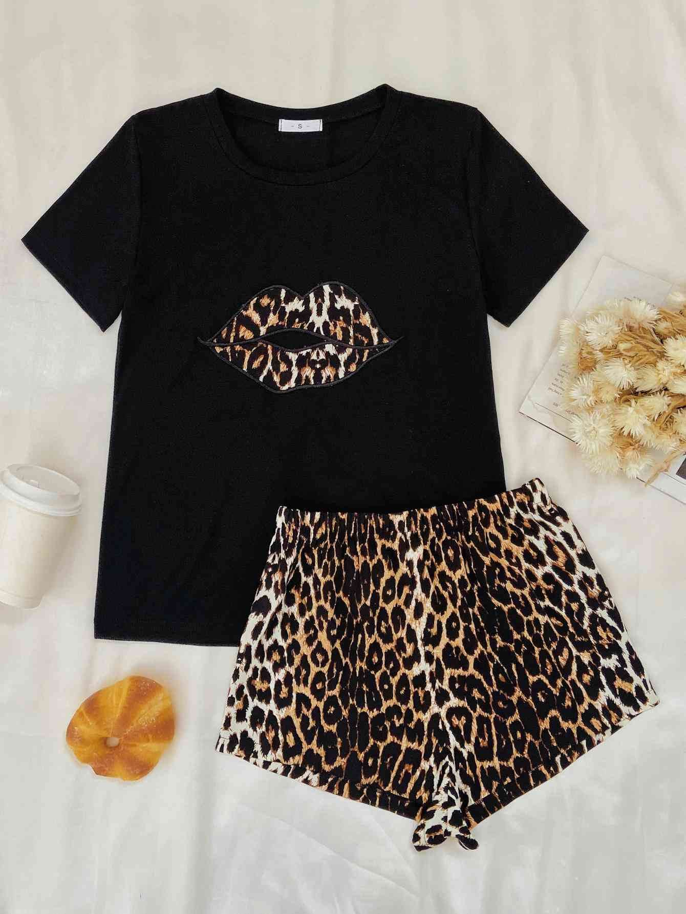 Leopard Lip Graphic Top and Shorts Lounge Set Black for a perfect OOTD – dress to impress outfits from Amexza