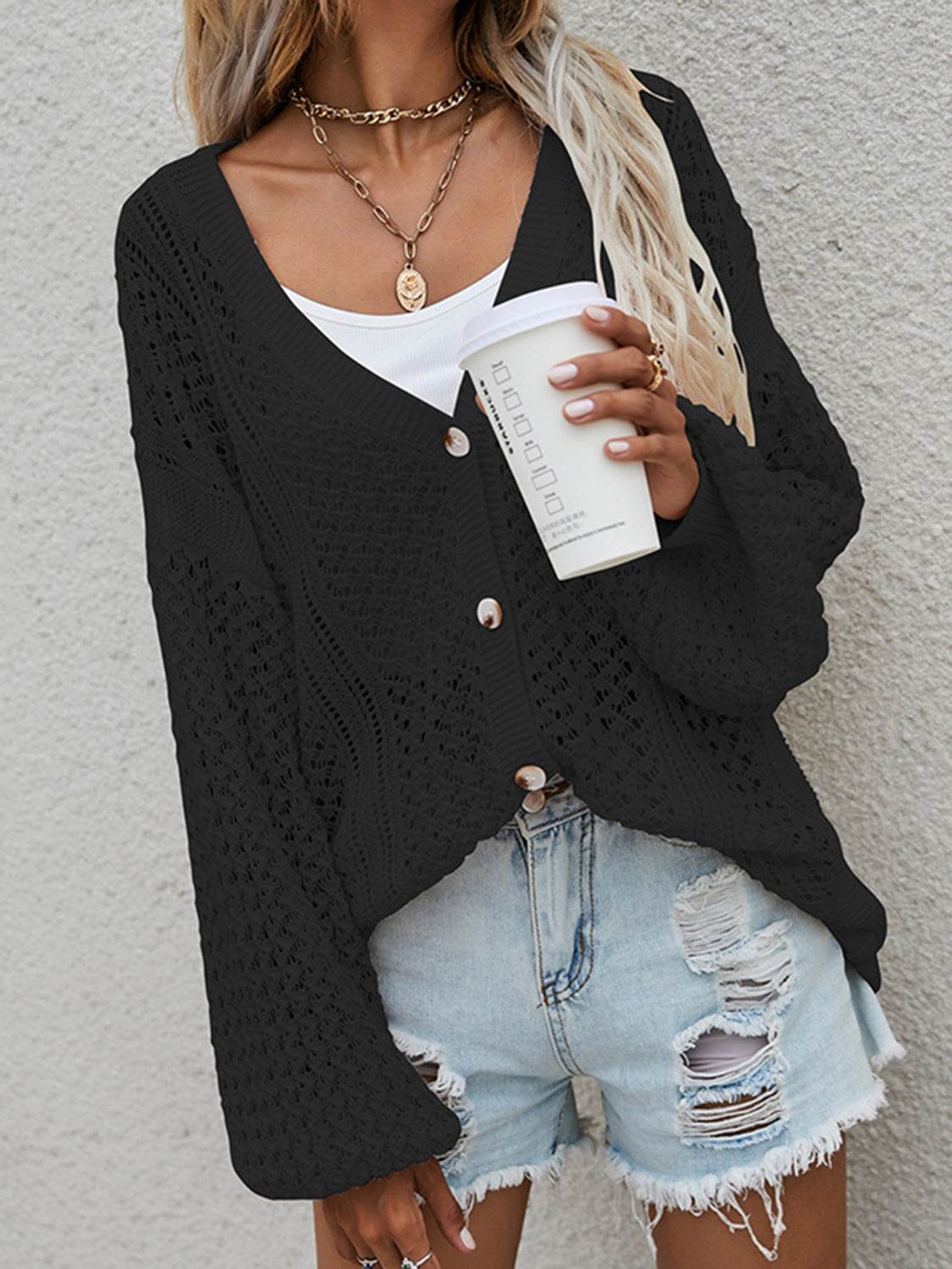 Openwork Button Front Cardigan Black for a perfect OOTD – dress to impress outfits from Amexza